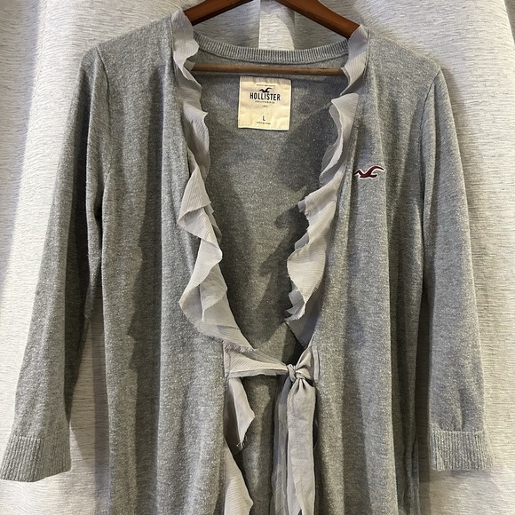Hollister Open Cardigan Gray Sz Large, Lace Tie‎ Ruffled Waterfall Y2K - Picture 3 of 6